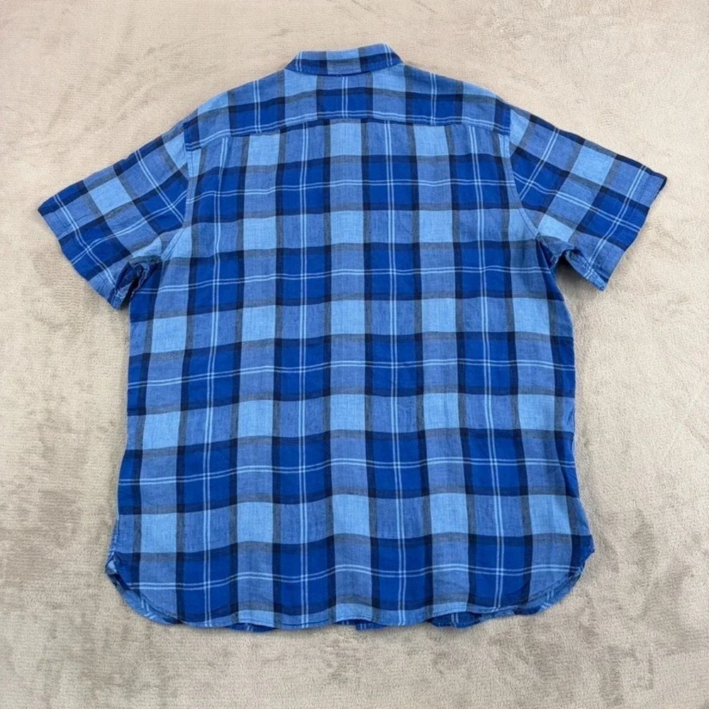 Banana Republic Camden Fit Shirt in Blue Plaid 100% Linen Men XL Short Sleeve